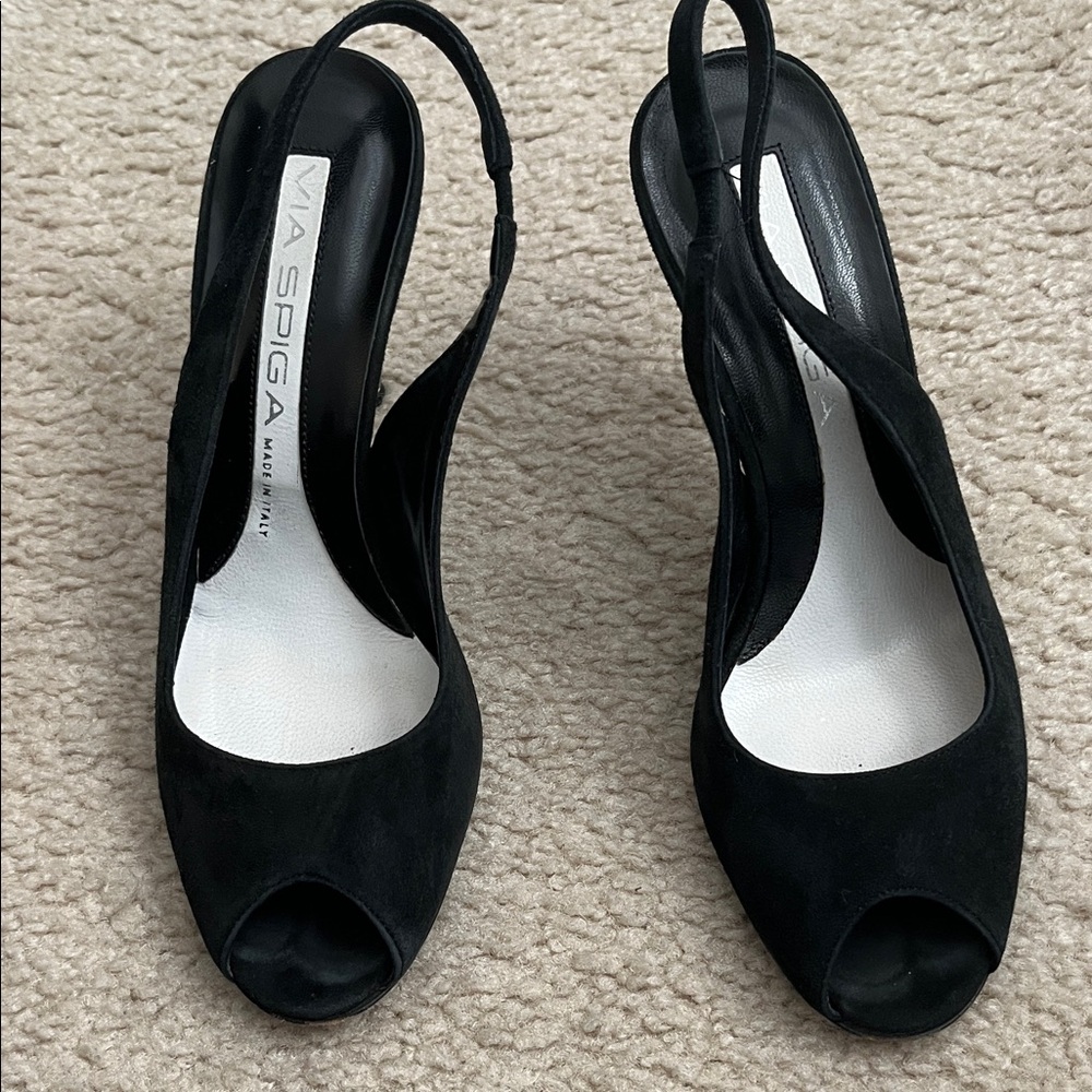Via Spiga Black Peep-Toe Slingback Heels